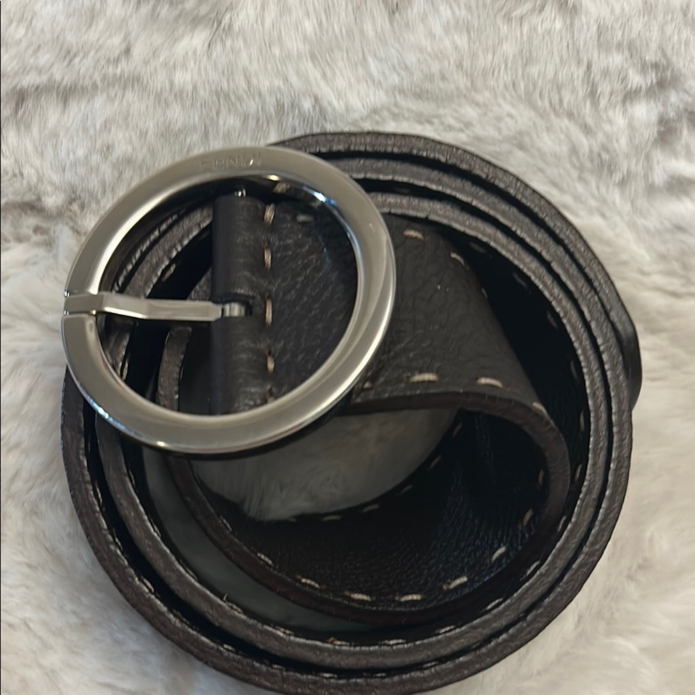 Fendi Dark Brown Leather Belt with Silver Round Buckle